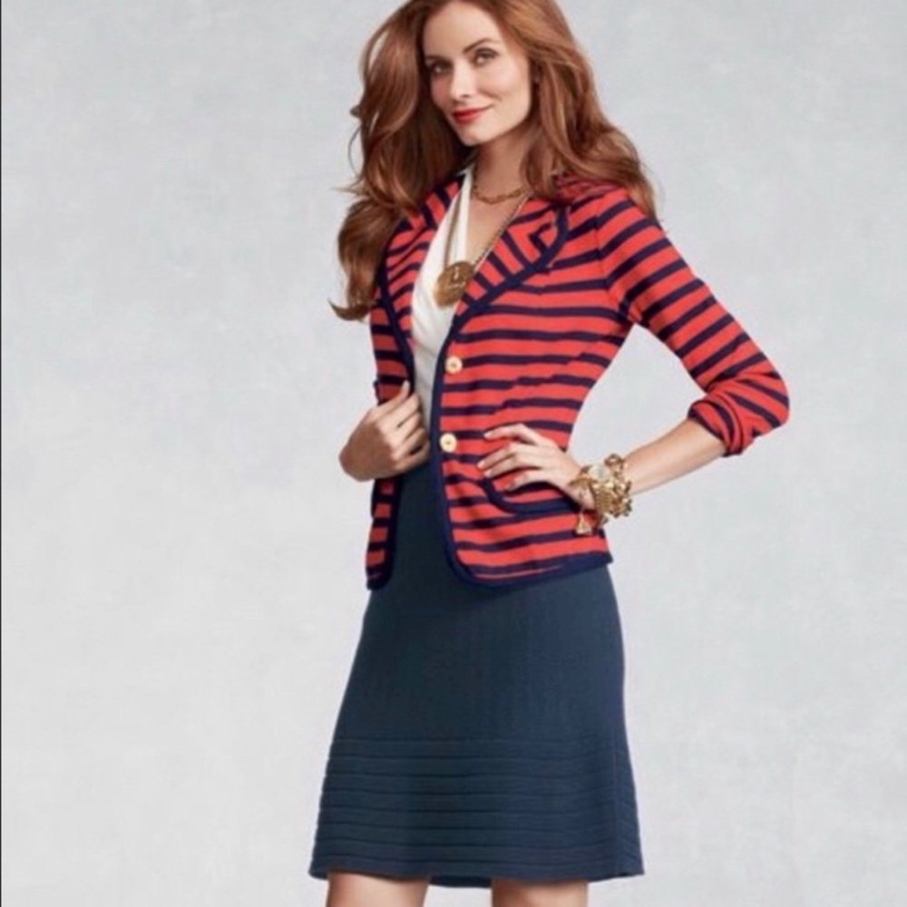 CAbi Au Revoir nautical jacket, Red & navy striped fabric, Brass buttons, Size L
